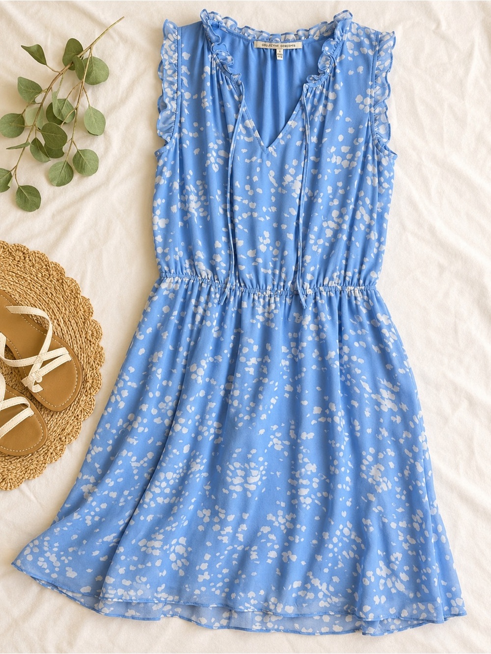 Collective Concepts Blue White Abstract Print Ruffle Sleeveless Dress Size Large